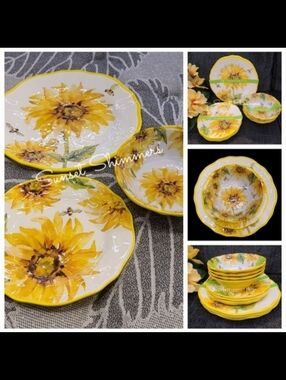 12pc Tuscan Sunflower Honey Bee Melamine Dinner Salad App Dessert Plate Set New